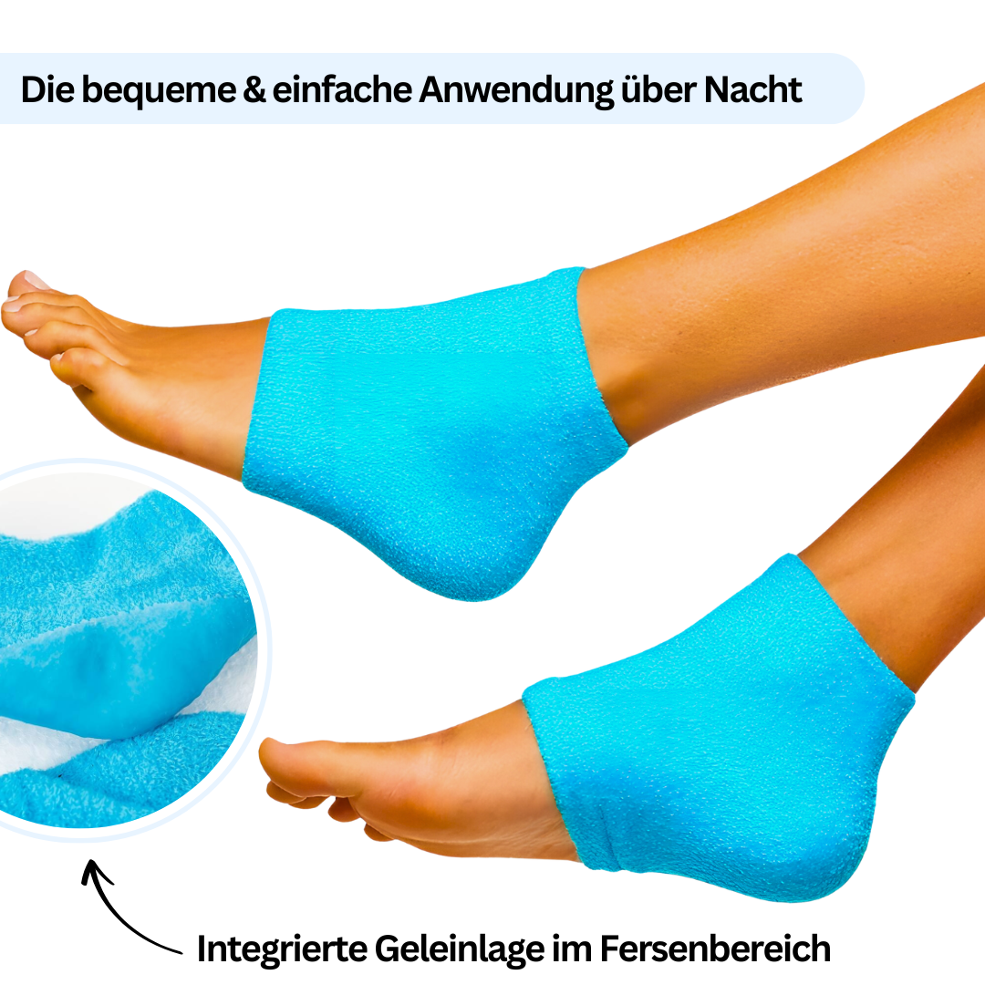 Bequeme Anwendung der Hydra Fersen Socken über Nacht mit integrierter Geleinlage.