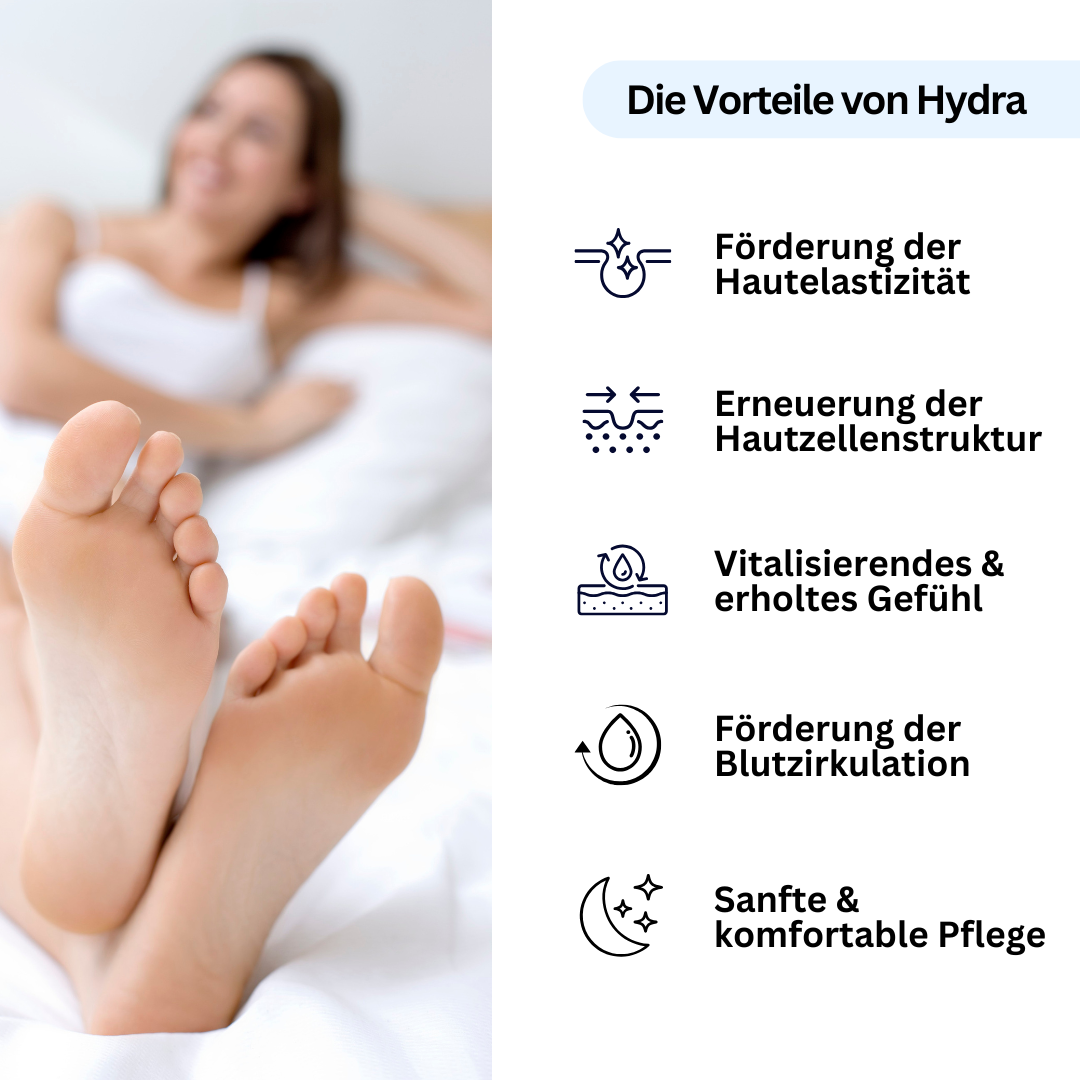 Vorteile der Hydra Fersen Socken für Hautelastizität, Zellerneuerung und Durchblutung.